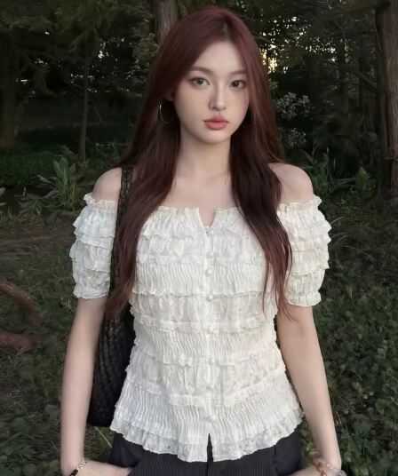 달콤함 연령 감소 오프숄더 반팔 티셔츠 여성 여름 프릴 작은 대중 디자인 센스 품격 어깨 맨위