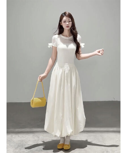 프랑스식 부드러운 바람 반팔 여성 드레스 2026 여름 새로운 패치워크 디자인 품격 롱 스커트