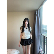 批发学院风<b class='q'>娃娃领</b>针织套装女夏季新款纯欲风灰色<b class='q'>上衣</b>黑色花苞裙两件套