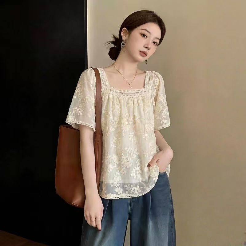 여름 새로운 프랑스식 광장 칼라 무거운 작업 자수 셔츠 디자인 센스 작은 대중 레이스 맨위