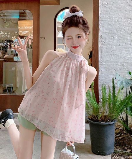 여름 Chic 핑크색 꽃무늬 조끼 셔츠 프랑스식 레트로 품격 달콤한 매운맛 오프숄더 바다 측면 민소매 가짜 맨위