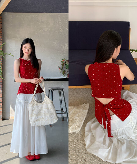 송 긍정적 인 En 한 부서 빨간색 도트 무늬 캐미솔 여름 프랑스식 몸매 가꾸기 인사이드 가져 가라. 외출용 민소매 작은 맨위