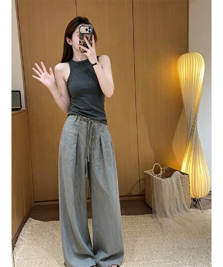 여름 아메리칸 핫걸 바람 몸매 가꾸기 민소매 I자형 조끼 여성 느슨함 센스 회색 와이드 레그 팬츠 세트