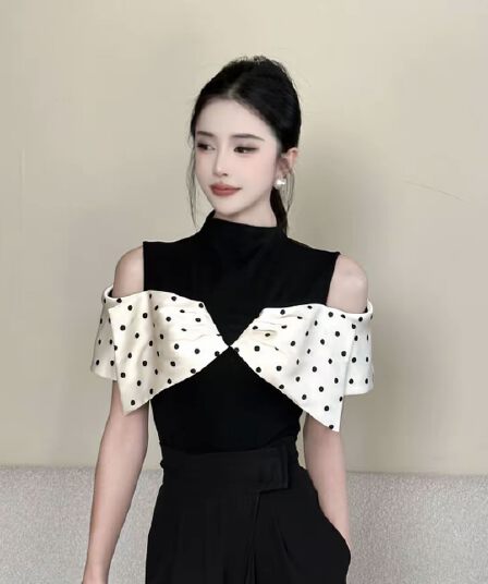 도트 무늬 패치워크 색상 오프숄더 티셔츠 여성 새로운 기본 셔츠 맨위