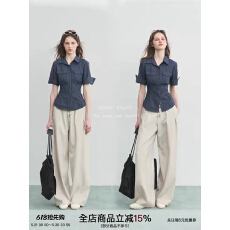 批发<b class='q'>亚麻</b>条纹短袖t恤2026衬衫系带收腰通勤上衣