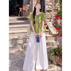 批发夏季节芥末绿<b class='q'>棉麻</b>短袖上衣法式小资娃娃衫多巴胺明媚漂亮泡泡袖