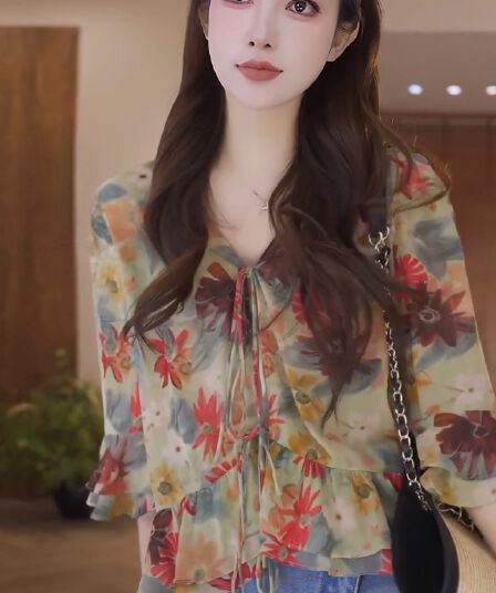 프랑스식 레이스업 꽃무늬 셔츠 여성 여름 새로운 고급 고유 한 잘 생긴 아름다운 외국 가스 Chic 작은 셔츠 맨위