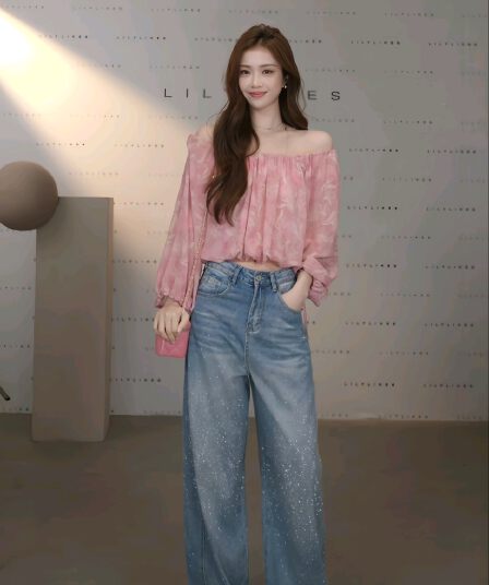 분말 안개 헤일로 염색 오프숄더 거품 소매 쉬폰 톱 잠금 해제 부드러운 순수한 욕망 분위기 센스
