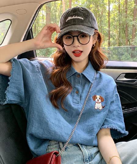 올해 인기 ~ 중 폭발 레트로 파란색 거친 가장자리 데님 반팔 티셔츠 작은 대중 아니요 명중 섹션 ~ 중 긍정적 인 어깨 의류 여름