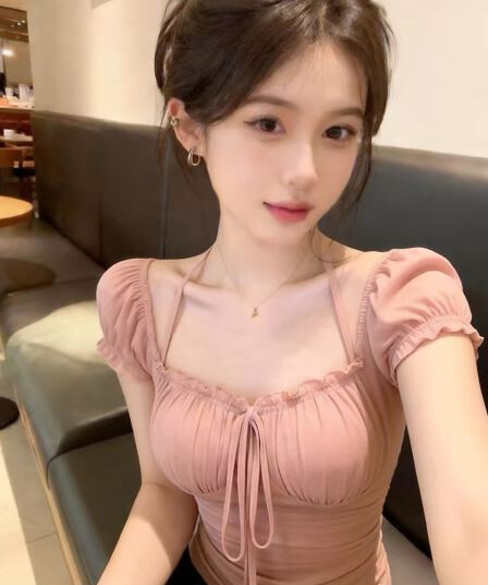 여름 프랑스식 달콤함 아름다운 부서 벨트 측면 칼라 핑크색 반팔 티셔츠 여성 허리 수축 슬림해 보이는 거품 소매 행침 목 맨위