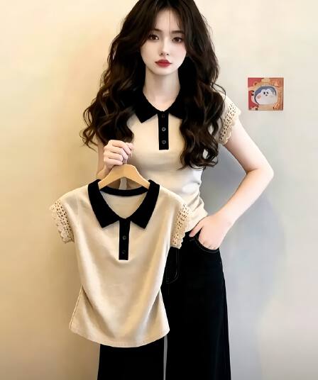 2026 새로운 오트밀 색상 POLO 셔츠 레이스 티셔츠 여성 여름 자이언트 잘 생긴 ~ 중 반팔 맨위 출퇴근 착용 가져 가라.