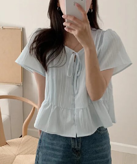 chic 한 부서 여름 부드러운 달콤함 나비 매듭 주름 장식 디자인 센스 Feifei 소매 패션 다용도 셔츠 맨위