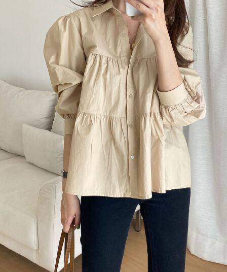 루즈핏 주름 센스 패치워크 거품 소매 셔츠 맨위 여성