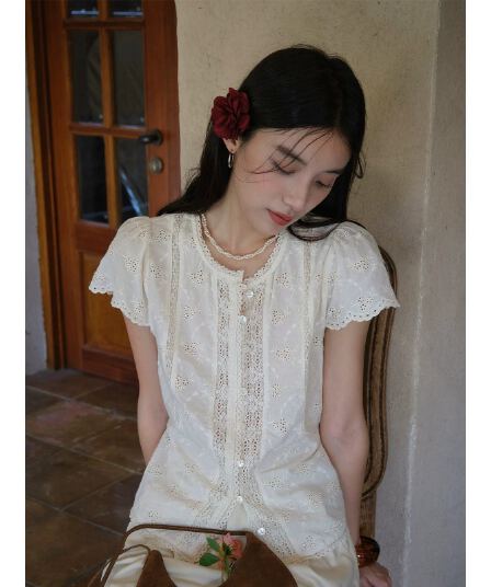 프랑스식 낭만주의 바람 홀로우 아웃 레이스 레이스 자수 라운드 넥 반팔 여성 셔츠 여름 새로운 연령 감소 슬림해 보이는 맨위