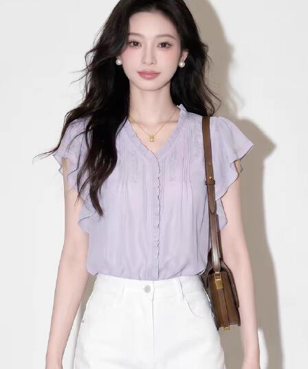 여름 새로운 보라색 V넥 쉬폰 셔츠 프랑스식 사소한 아름다운 Chic 매우 요정 ~ 중 작은 날다 소매 맨위