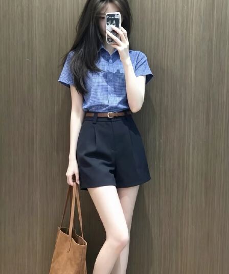한 부서 chic 세트 여성 여름 새로운 학원 파란색 체크무늬 반팔 셔츠 하이웨이스트 넓은 다리가 짧다. 바지 투피스 세트