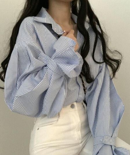 디자인 센스 작은 대중 핀 스트라이프 루즈핏 여성 셔츠 미니멀리즘 인사이드 가져 가라. 긴팔 맨위