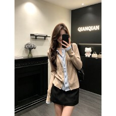 批发早秋通勤风假两件撞色针织开衫女高腰显瘦A字半身<b class='q'>裙</b>两件套