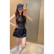 批发夏季韩系辣妹风修身无袖上衣女高腰显瘦A字半身<b class='q'>裙</b>套装