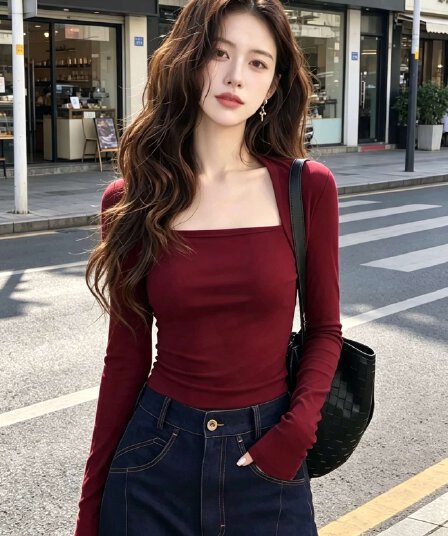 2026 새로운 핫걸 맨위 커피 색상 광장 칼라 긴팔 티셔츠 여성 가을 몸매 가꾸기 쇼트 스타일 슬림해 보이는 인사이드 가져 가라. 기본 셔츠