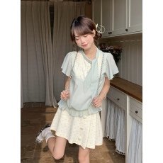 批发夏新款少女飘带千金感拼接上衣女+百搭碎花半身<b class='q'>裙</b>套装