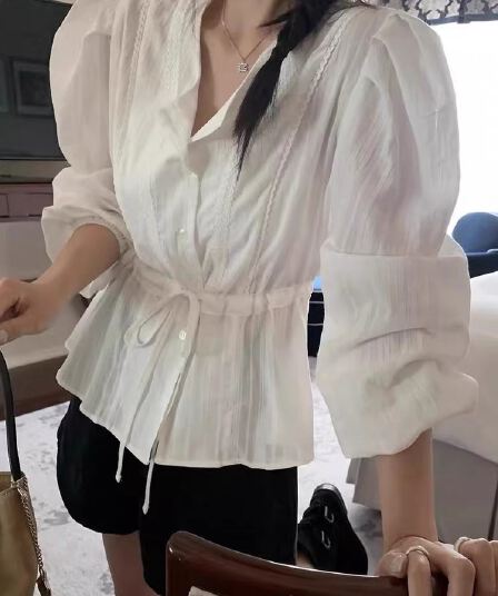 한국 스타일 다용도 작은 청신 허리 수축 슬림해 보이는 펌프 로프 레이스 셔츠 여성