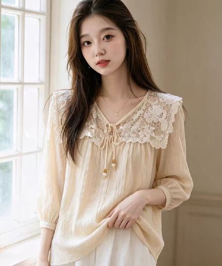 2026 여름 새로운 프랑스식 쌀 살구 색상 긴팔 여성 셔츠 부드러운 품격 디자인 센스 아름다운 아니요 명중 섹션 작은 셔츠
