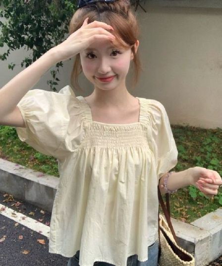 프랑스식 루즈핏 반팔 맨위 여름 섹션 여성 의류 디자인 센스 광장 칼라 거품 소매 핑크색 셔츠