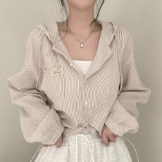 批发新款韩国chic时尚<b class='q'>气质</b>条纹连帽系扣宽松休闲百搭短款上衣
