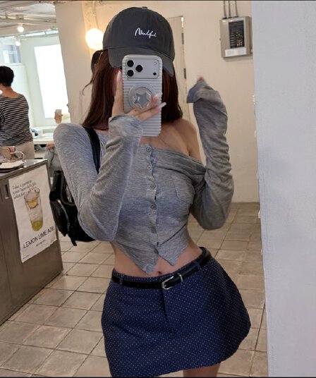 2026 이른 가을 회색 셔츠 웨이브 그림자 회색 비스듬한 어깨 자외선 차단 긴팔 블루 색상 도트 무늬 치마바지 세트
