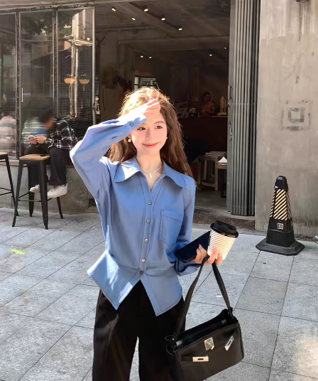 작은 키 가을 파란색 셔츠 여성 디자인 센스 패션 맨위 새로운 품격 긴팔 셔츠