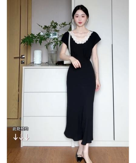 빛 럭셔리 품격 레이스 레이스 V넥 검정색 여성 드레스 2026 여름 새로운 몸매 가꾸기 타이트 스커트 인어 꼬리 롱 스커트