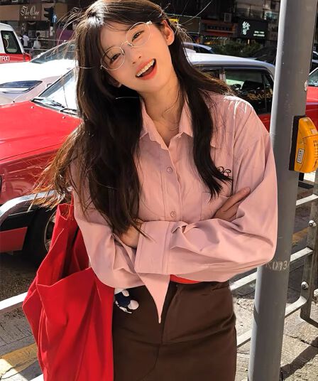 고급 센스 핑크색 셔츠 여성 코트 이른 가을 한 부서 착용 가져 가라. 알파벳 자수 긴팔 셔츠 루즈핏 캐주얼 맨위