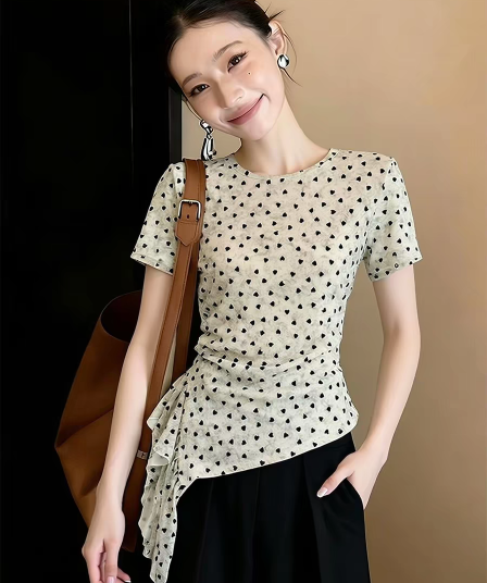 한 부서 미니멀리즘 디자인 센스 도트 무늬 라운드 넥 반팔 티셔츠 여성 의류 불규칙 밑단 꼬집기 허리 슬림해 보이는 품격 맨위