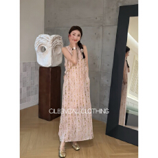 批发熙贝薇粉绿花笺高级感印花显瘦无袖连衣<b class='q'>裙</b>