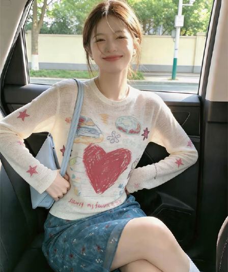 여름 만화 패션 품격 연령 감소 프린트 긴팔 티셔츠 여성 자외선 차단 블라우스 에어컨 셔츠