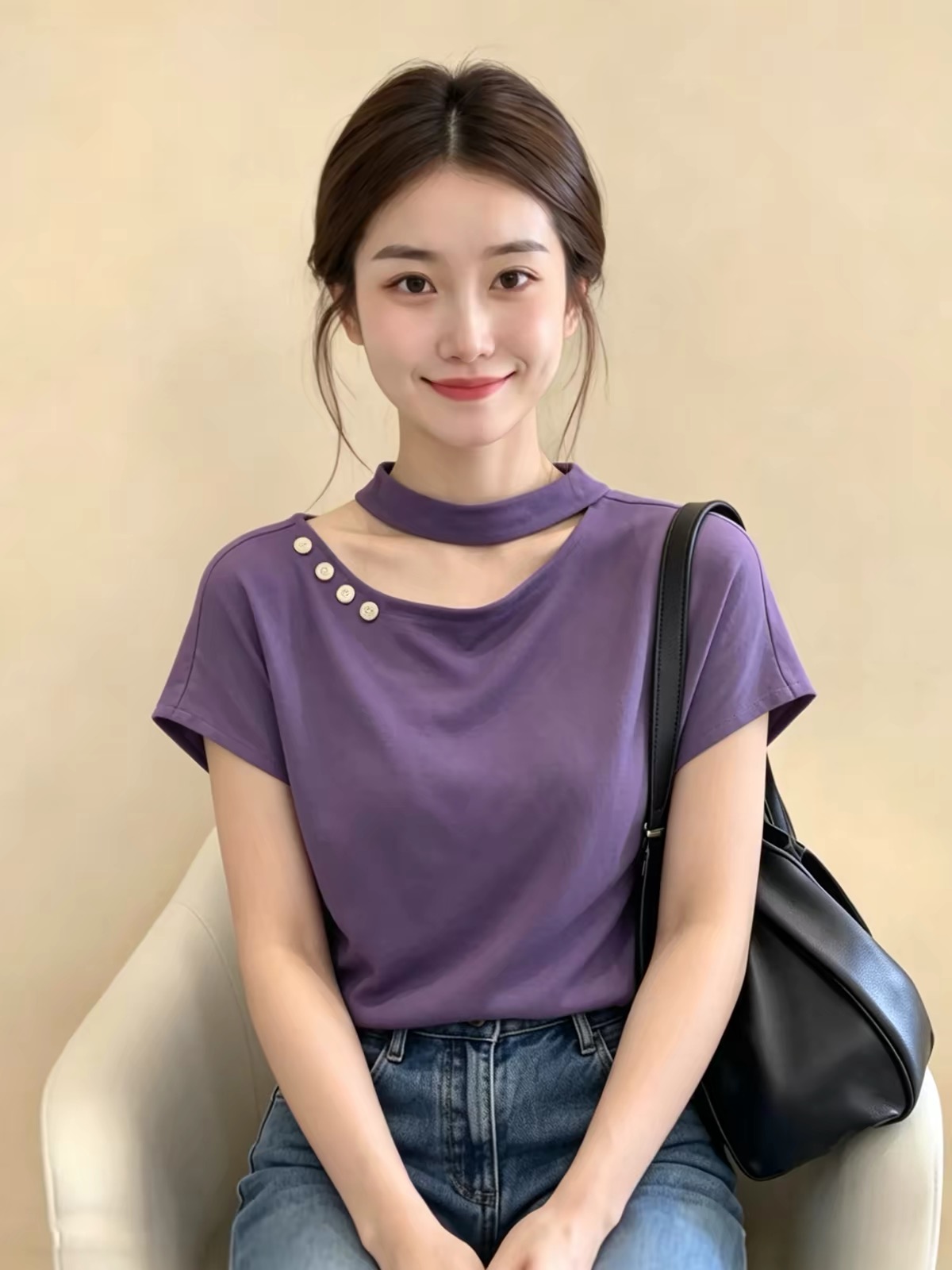 t恤女款新款夏季挂脖设计感上衣独特漂亮减龄款宽松上衣 服裝批發女裝批發服飾貨源