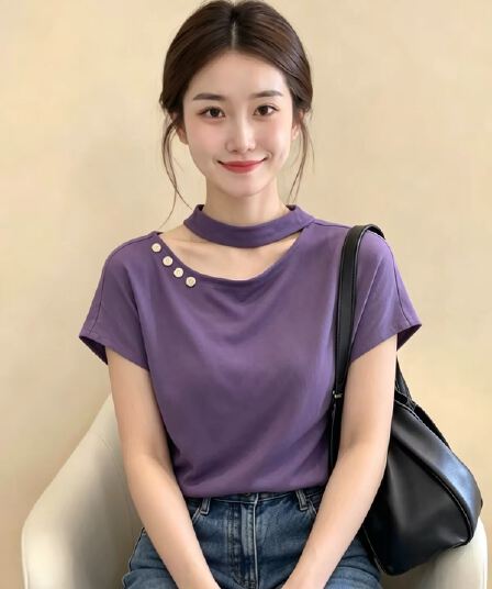 티셔츠 여자 2026 새로운 여름 행침 목 디자인 센스 맨위 고유 한 아름다운 연령 감소 섹션 루즈핏 맨위