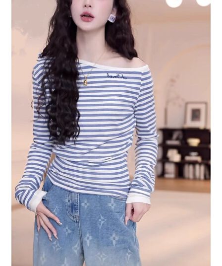 이른 가을 다용도 비스듬한 어깨 알파벳 파란색 스트라이프 긴팔 티셔츠 맨위