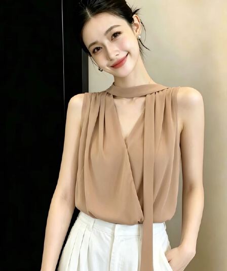 2026 여름 새로운 프랑스식 고급 센스 리본 V넥 민소매 시폰 셔츠 여성 Chic 슬림해 보이는 연령 감소 품격 맨위