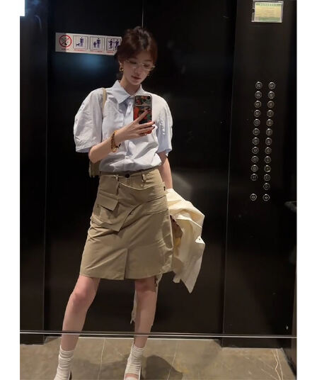 여름 한 부서 출퇴근 바람 루즈핏 폴로 칼라 반팔 여성 셔츠 품격 슬림해 보이는 반신 치마 세트