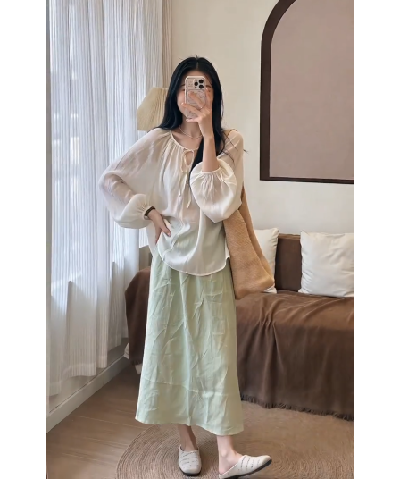 이른 가을 프랑스식 부드러운 바람 레이스업 긴팔 셔츠 맨위 여성 품격 하이웨이스트 슬림해 보이는 반신 치마 세트