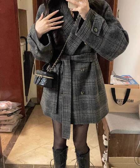 쇼트 스타일 모직 코트 여성 새로운 봄 체크무늬 모직 외투 고급 센스 두꺼운 정장 한 부서