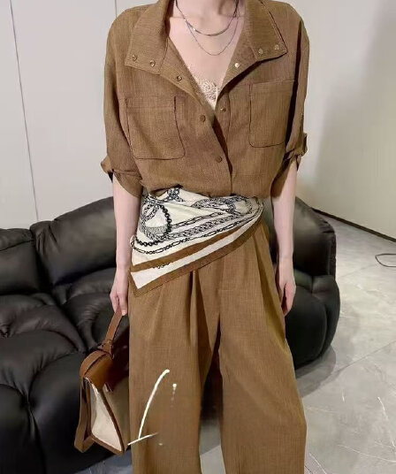여름 ootd 착용 가져 가라. 세트 미니멀리즘 캐주얼 패션 품격 슬림해 보이는 폴로 칼라 셔츠 스카프 와이드 레그 팬츠 3종 세트