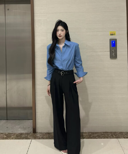 2026 새로운 한 부서 미니멀리즘 출퇴근 착용 가져 가라. 블라우스 사계절 섹션 와이드 레그 팬츠 세트