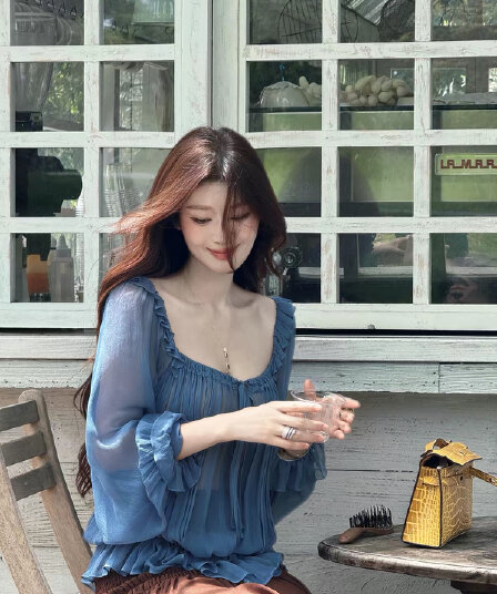 sya 크 사이 작은 웨스트 8 8 신제품 프랑스식 프릴 레이스업 맨위 여성 이른 가을 사람들 실크 질감 센스 광장 칼라 블라우스