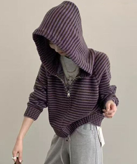 스트라이프 부드러운 찹쌀 지퍼 후드 스웨터 쇼트 스타일 재킷 다용도 고급 센스 루즈핏 느긋한 니트 맨위