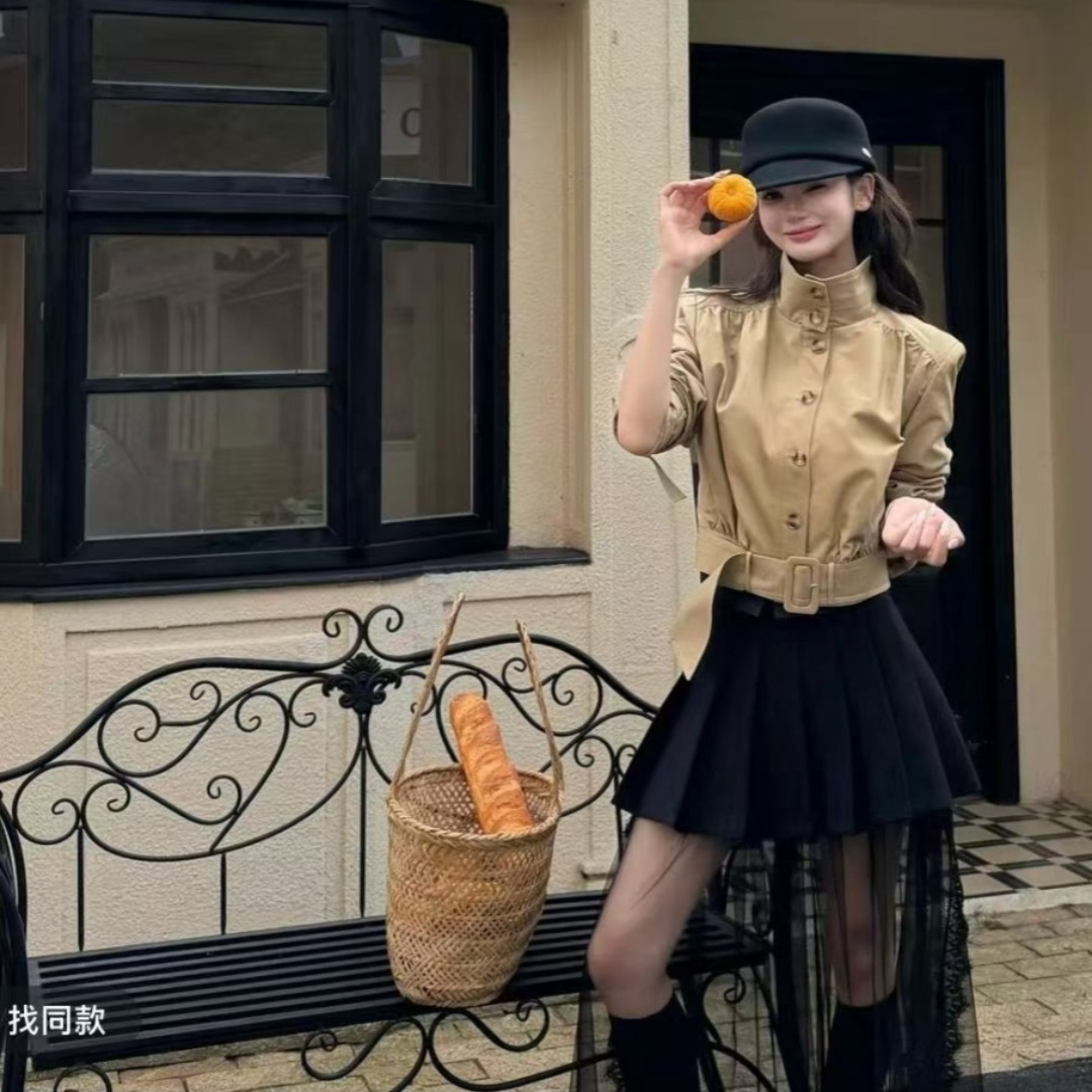 BY30129# 早秋气质时尚立领腰带短款风衣外套 服裝批發女裝批發服飾貨源