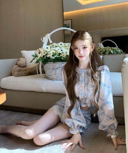 늦게 우산 우산 26ss 부드러운 안개 꽃 상황 vtg 생성 색상 파란색 프린트 여성 셔츠