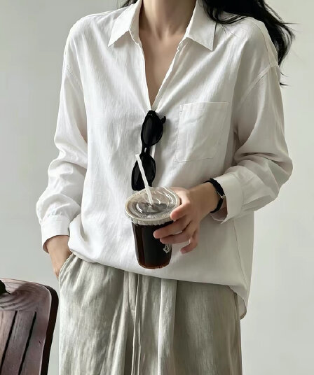 오래된 돈 바람 레트로 라미 V넥 자외선 차단 긴팔 여성 셔츠 이른 가을 캐주얼 루즈핏 다용도 출퇴근 셔츠 맨위